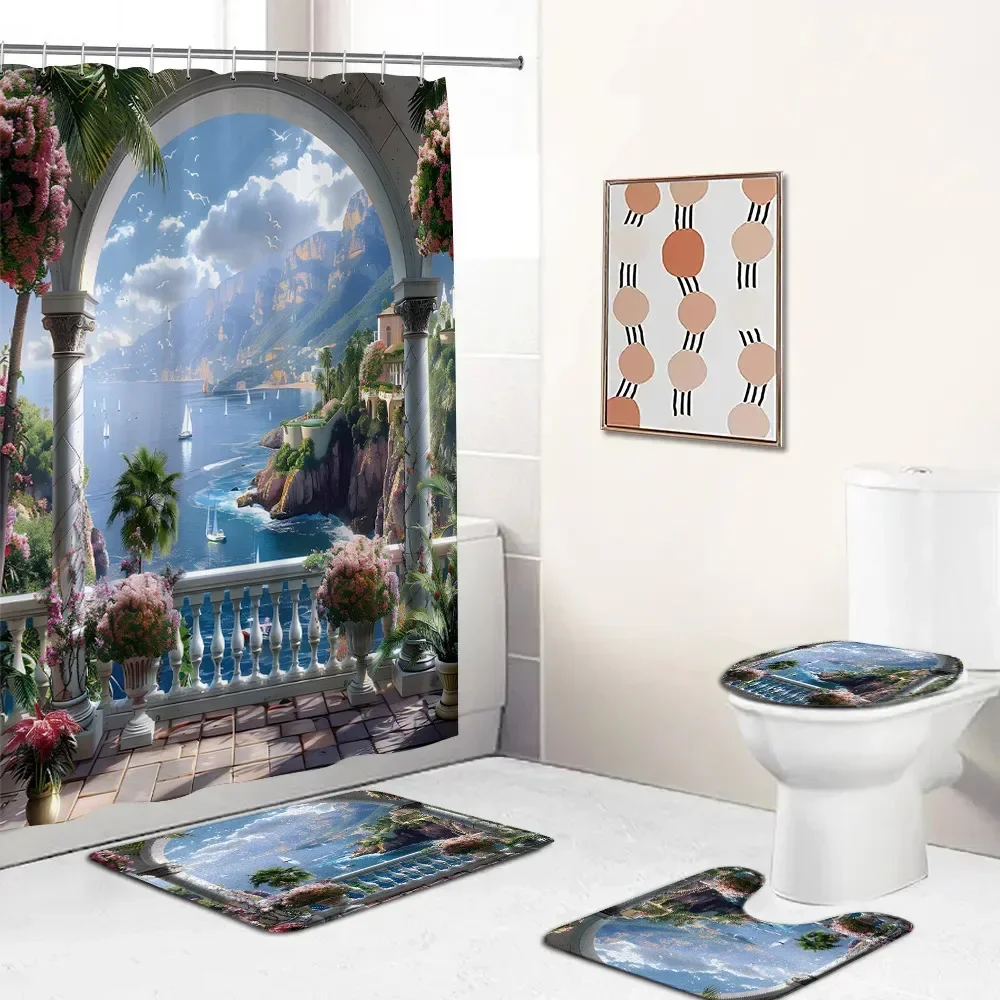 European Arch Door Roman Column Shower Curtain Set Green Vine Flower Plant Outdoor Scenery Sailboat Bath Mat Toilet Lid Cover