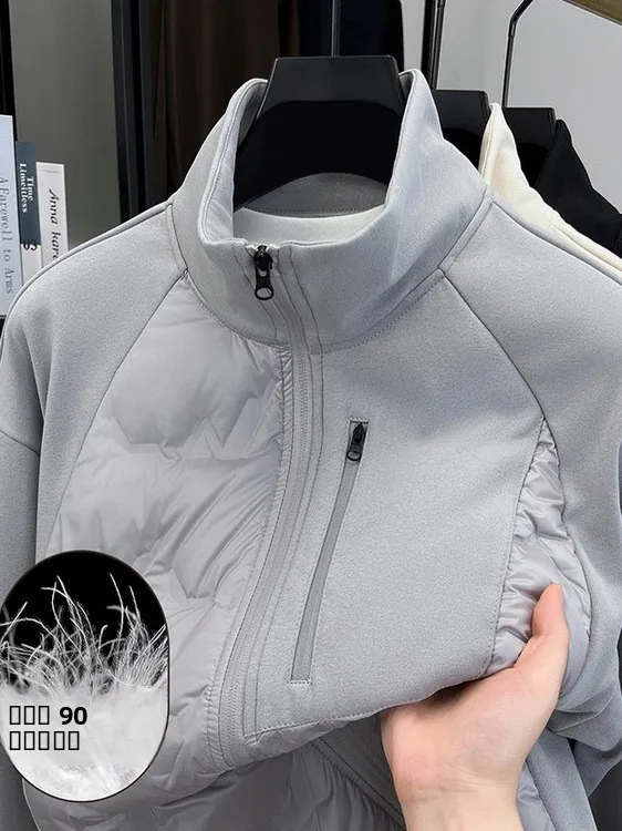 

Men's Lightweight 90 White Du down Jaet Stand Collar Outdoor Casual Warm Open Cardigan Faionable Splicing Outerwear