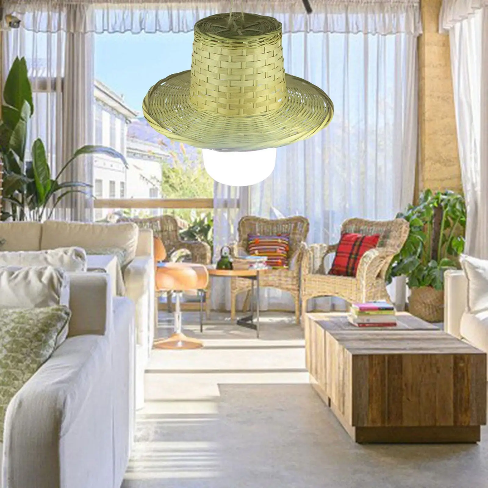 Rattan Hanging Lamp Shade Retro Style Droplight Round Ceiling Pendant Fixture