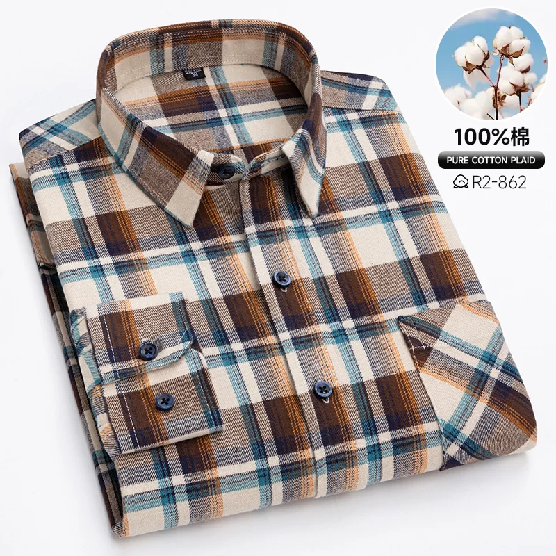 

Men's Cotton Flannel Plaid Long Sleeve Shirt, Soft Brushed Warm Casual Shirt, Vintage Checkered Button Down Shirt Tops Size38-46