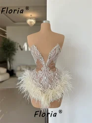 Couture Full Handmade Crystals Cocktail Dress with Feathers Sequin Beaded Short Prom Dresses vestidos para eventos especiales