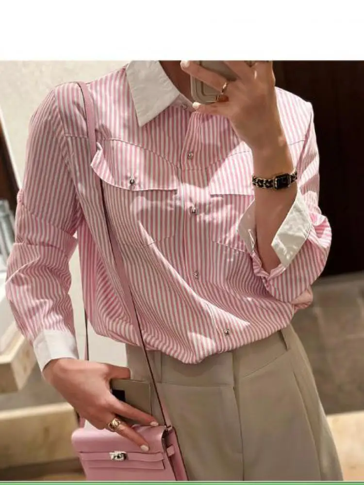 

Korean Women Blue Pink Striped Patchwork Elegant Long Sleeved Single Breasted Shirt Spring Autumn Festival Versatile Blouse Chic