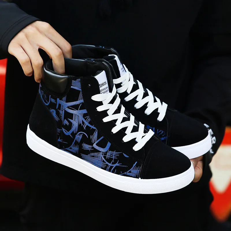 New Arrival High top Sneakers Men Canvas Shoes Cool Street Shoes Young Male Sneakers Black Blue Red Mens Causal Shoes L008