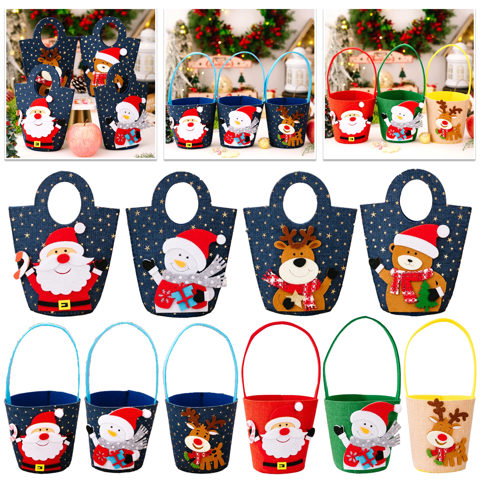

Christmas Cartoon Gift Bucket Children's Portable Candy Bag Santa Claus Snowman Elk Cloth Handbag for Christmas Party Supplies