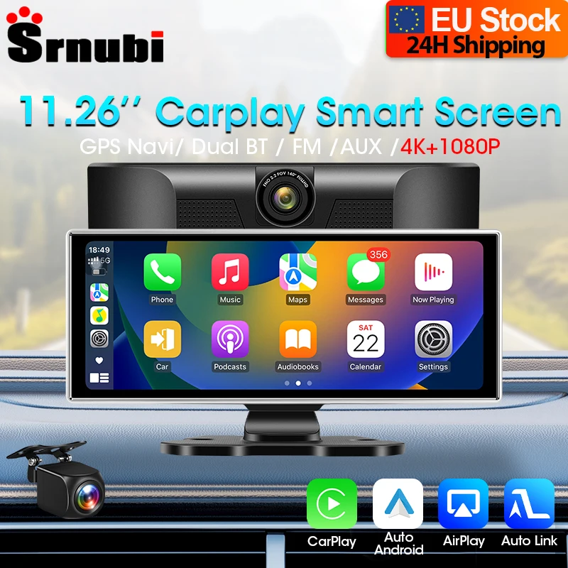 Srnubi 11,26 4K Schermo DVR per auto Wireless CarPlay e Android Auto Mirror Link con 360 °   Cruscotto con rotazione Dash Cam FM AUX BT WIFI