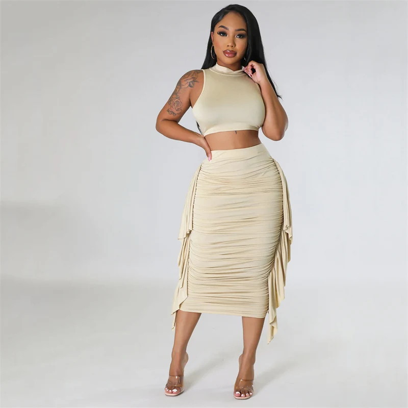 Znaiml Elegant Crop Top and Skirt Club Slim Fit Ruffles Ruched Party Dress Sets Summer Long Skirt Sets for Women 2 Piece Outfit