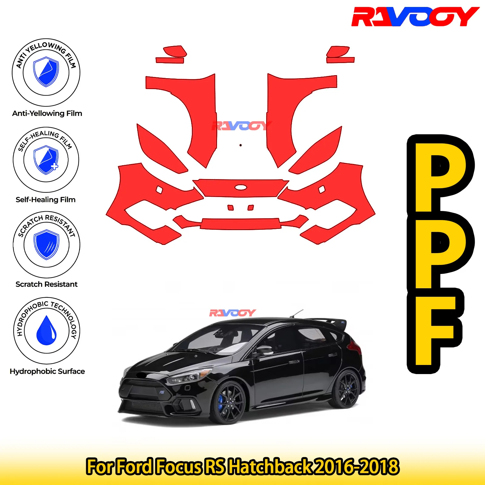 

Для Ford Focus RS Hatchback 2016-2018 глянцевая матовая черная предварительно вырезанная передняя защитная пленка PPF комплект