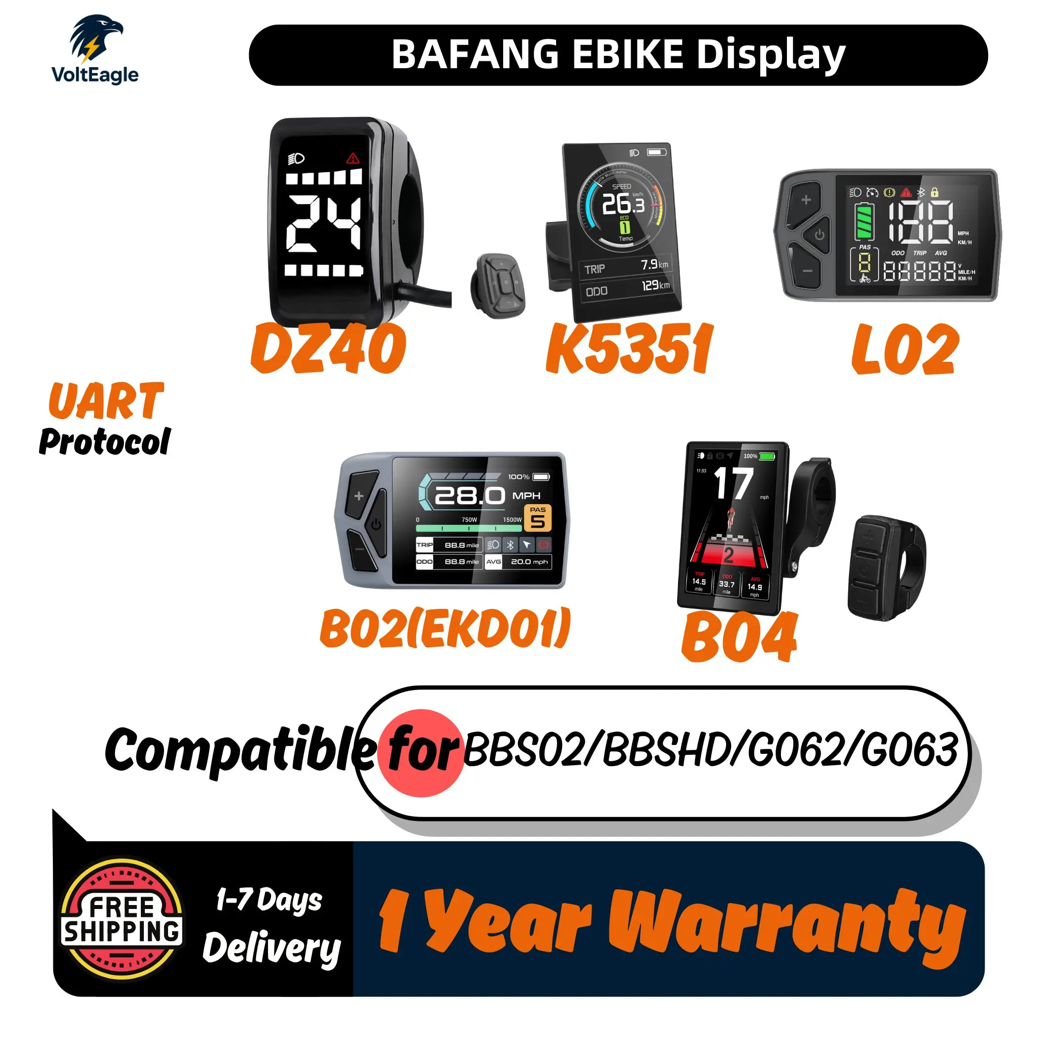 

Дисплей Bafang Ebike, протокол UART, совместимый с двигателем BBS02 BBSHD G062 G063, DZ40, L02, EKD01, K5351, варианты B04, 5 контактов