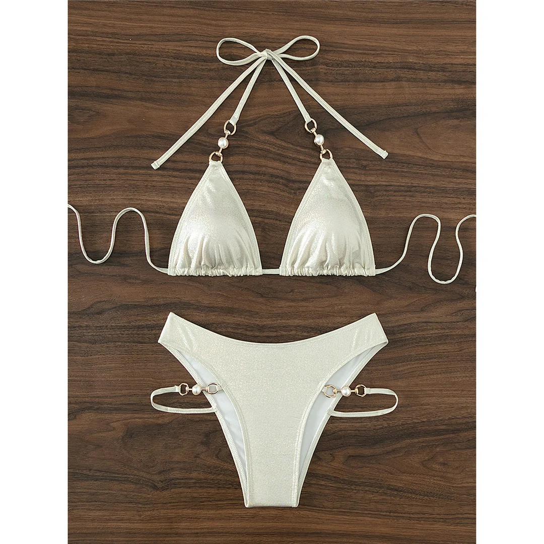 Sexy Neckholder-Bikini mit Perlen und Glitzer, glitzernder zweiteiliger Badeanzug für Damen, Badebekleidung, Badeanzug, Schwimmbikini V4577 – Detail 12