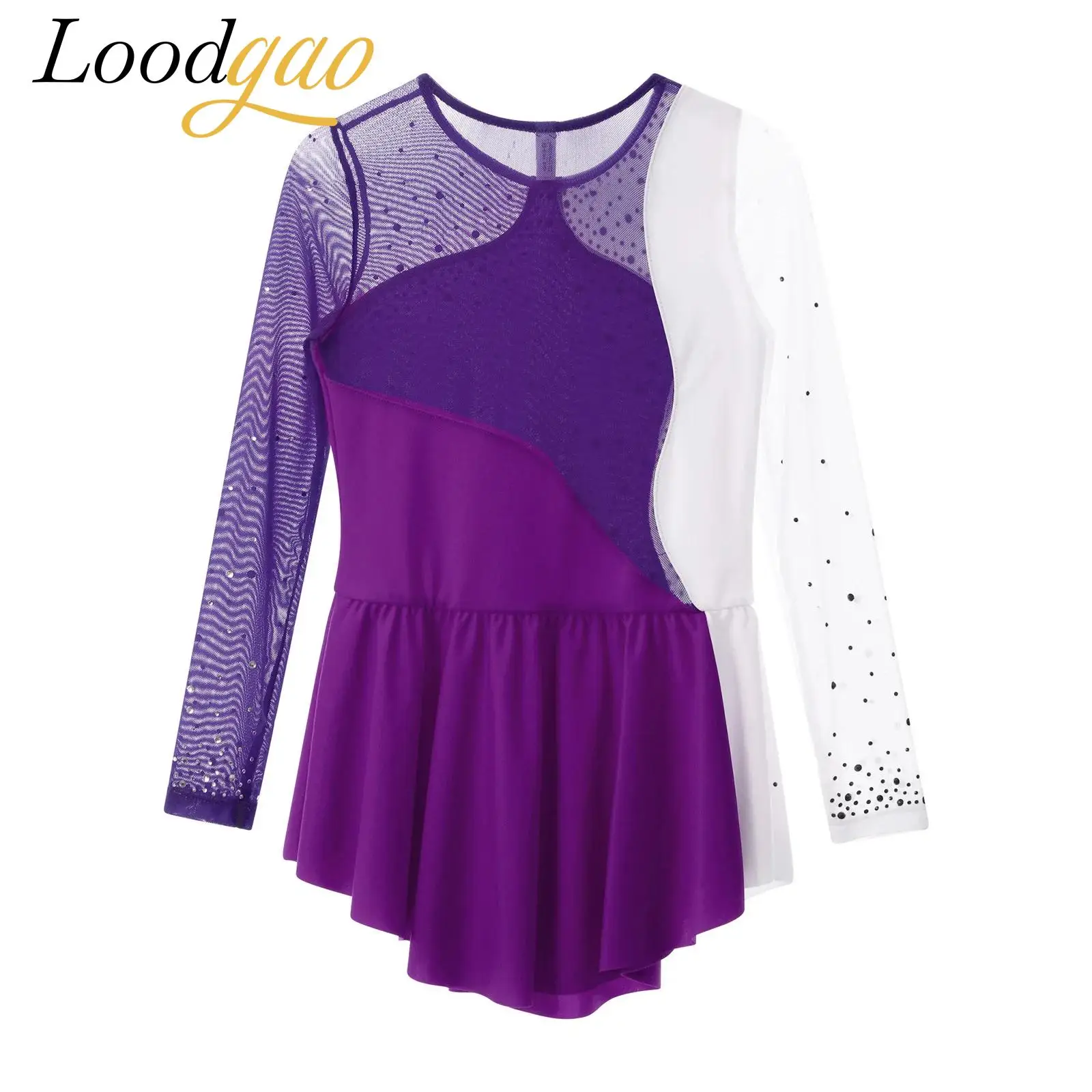 

Kids Artistic Skating Dress Stage Performance Girls Gymnastics Leotard Sheer Mesh Rhinestones Ballet Tutu Lyrical Dance Costume