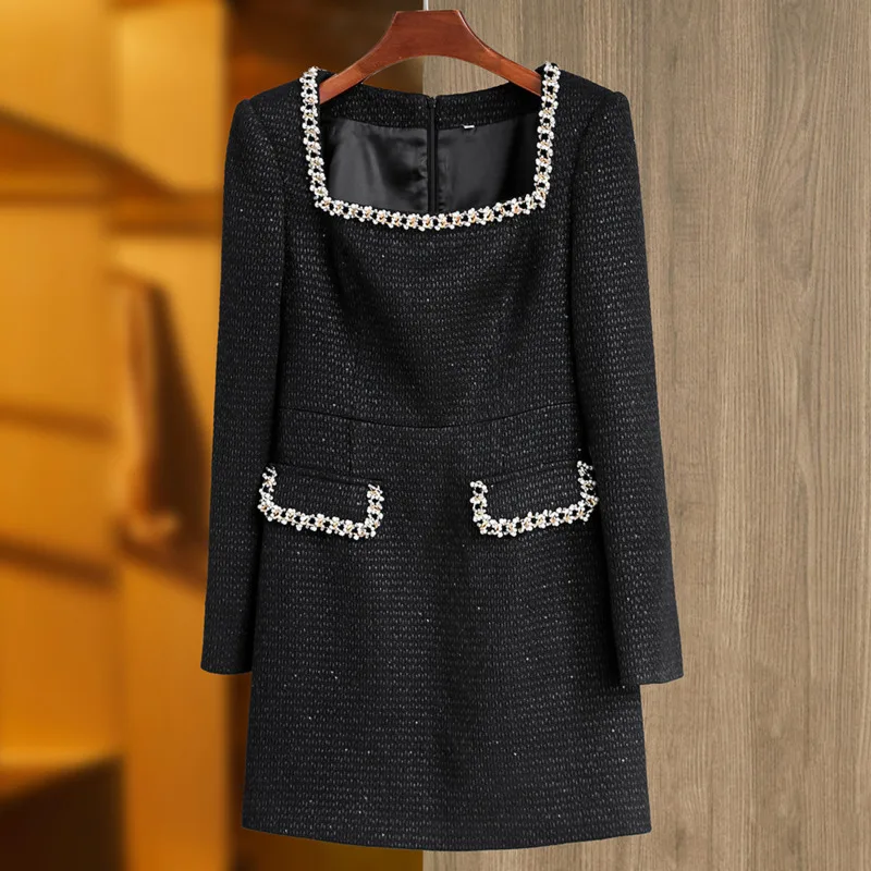 HKSH 2025 Autumn Winter New Women's Gown Dress Square Collar Beaded Waist Cinching Slim Fit Elegant Formal Party Dresses HK14492