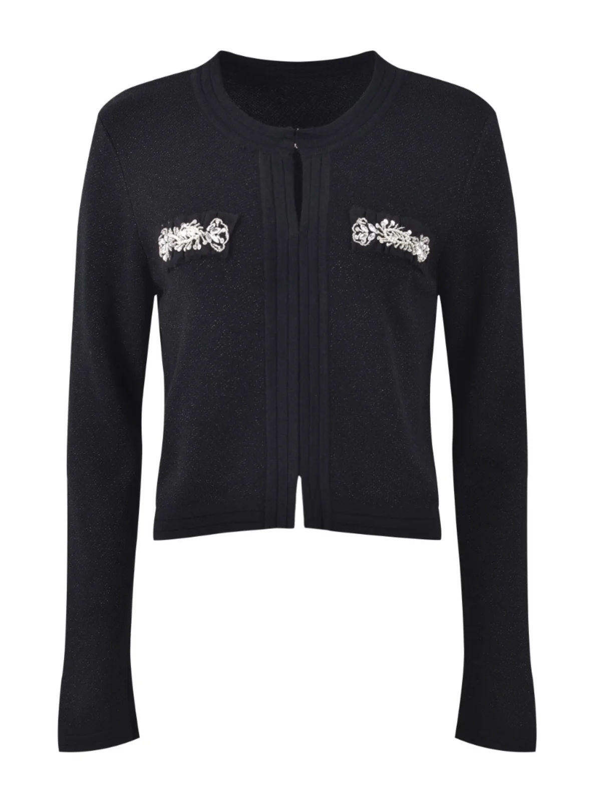 

High Quali Handmade Crystal Embroidery ort round Ne Bla Knitted Cardigan Outerwear Base Layer Small Open Cardigan