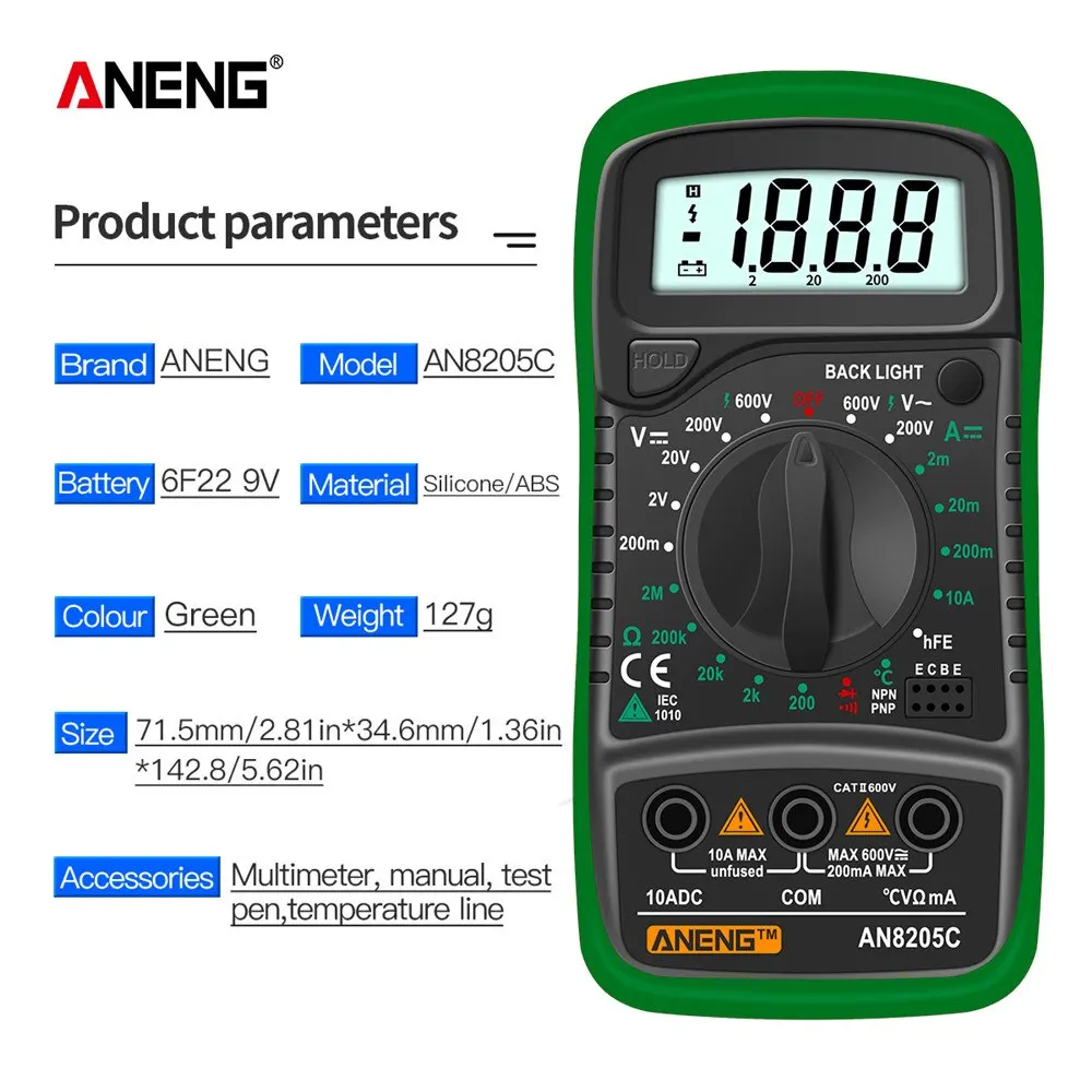 ANENG AN8205C Cyfrowy Multimetr AC/DC Amperomierz Wolt Ohm Multimetro Tester Miernik Z Termoparą LCD Podświetlenie Przenośne