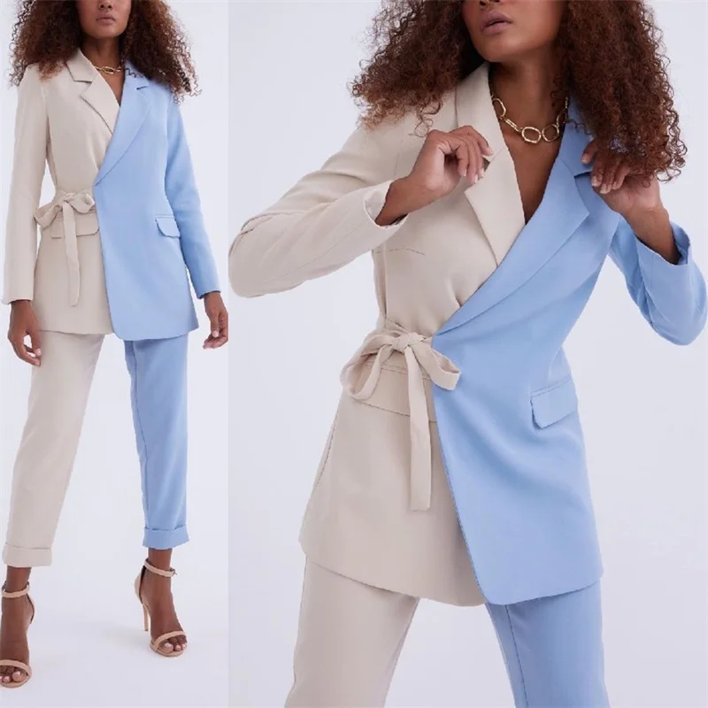 Ensemble de costumes et de pantalons pour femmes, 2 pièces, Blazer bleu ivoire, Sexy, col en V, taille personnalisée, robe de bal, cravate à la taille, vêtements de rue à la mode