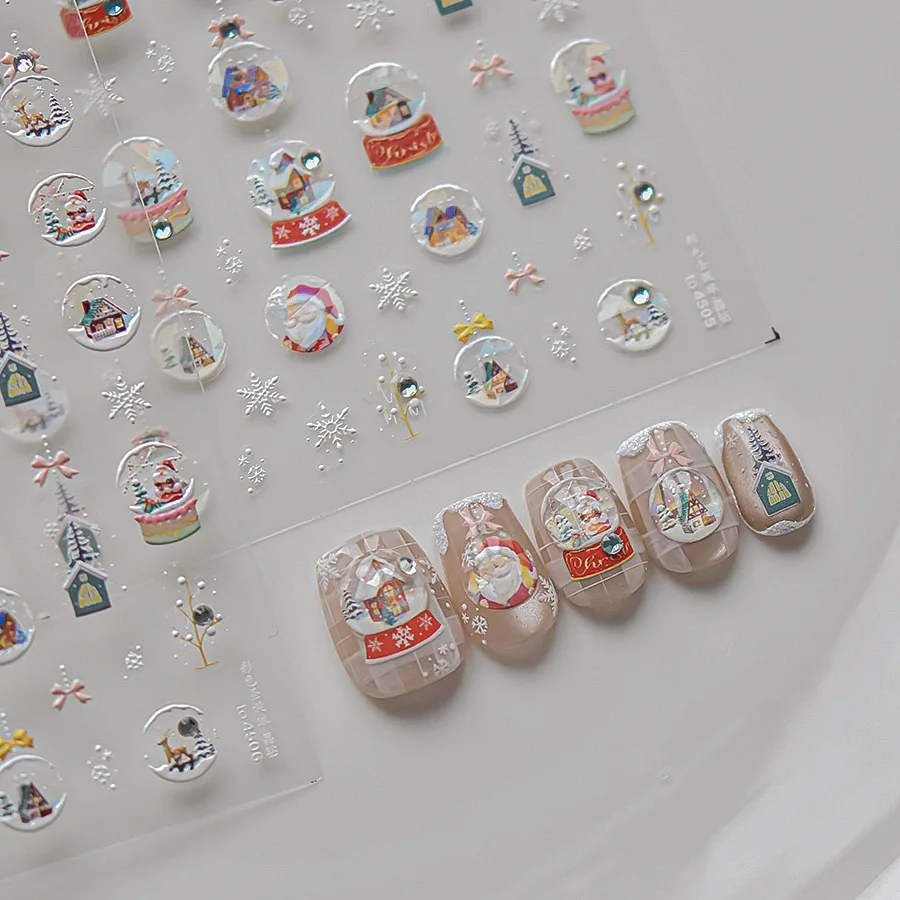 5D 겨울 눈사람 네일 스티커, 크리스마스 트리, 산타 클로스 디자인, 크리스탈 공, 하얀 눈덩이, 활 눈송이 집