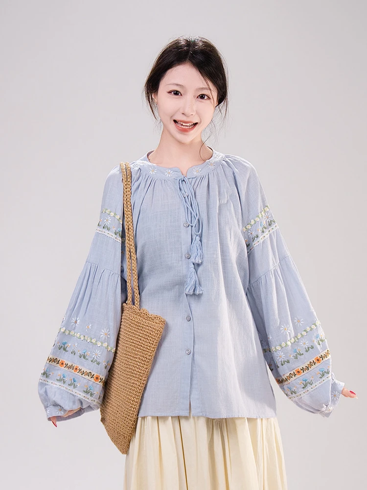 

Рубашка женская в стиле ретро с вышивкой, длинным рукавом, из хлопка и льна, свободного кроя, на пуговицах, с бахромой, весенняя коллекция