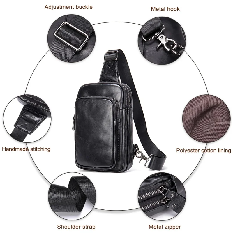 Mans 100% Genuine Leather Sling Bag Men Messenger Bags for Men Black Chest Bags for Phone Casual Sport Shoulder Bag