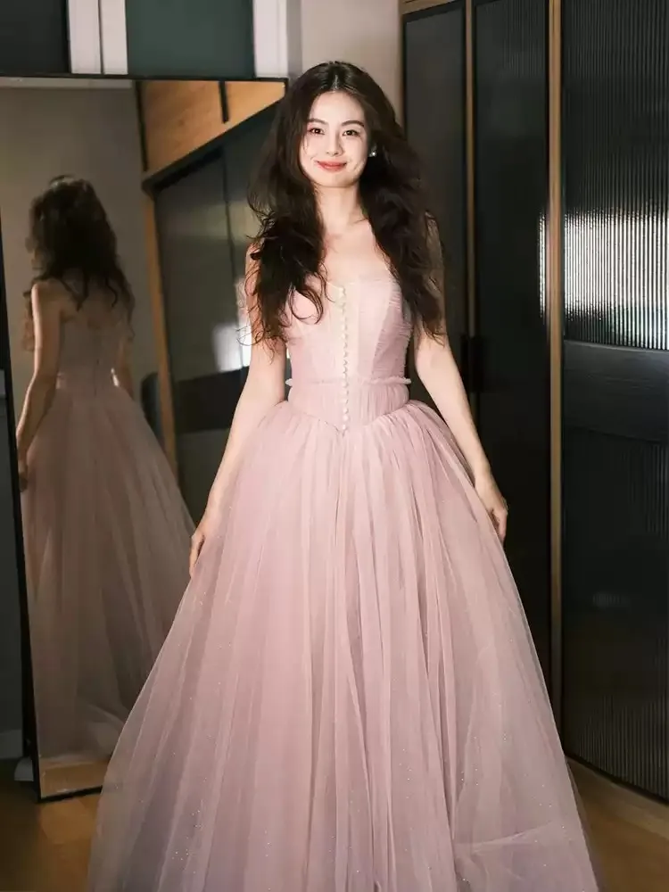 

Pink Evening Dresses Long Prom Gowns Strapless Lace-up Back Long Party Dresses High Waist