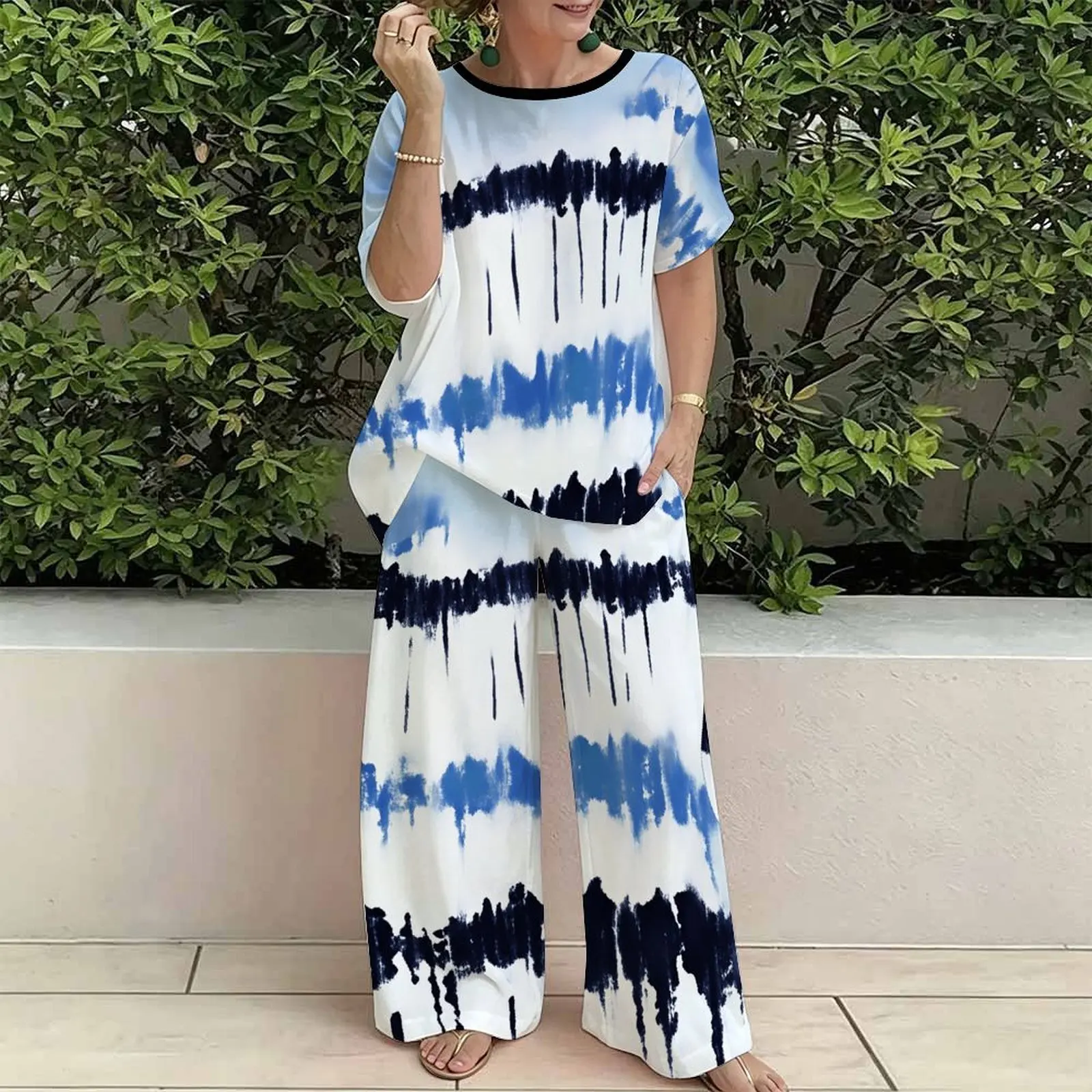 Plus Size Women Spring/summer Fashion Print Two Piece Set  Exercise Round Neck T-shirt Casual Vacation Sweatpants