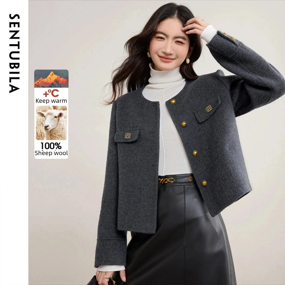 

SENTUBILA женское шерстяное пальто с круглым вырезом и контрастной отделкой, двустороннее шерстяное пальто с металлическими пуговицами, короткое пальто, женская одежда W54OF8773