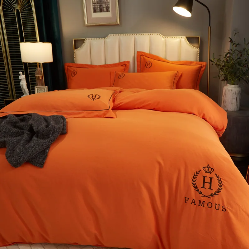 

Customizable orange high-end cotton four-piece set household summer thin quilt cover