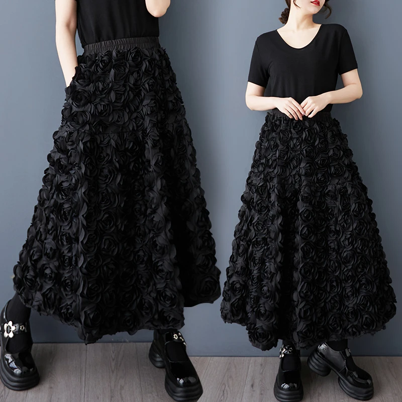 

Casual Heavy Embroidery Rose 3D Flower Loose Fit Spring Summer New Sle f Body Skirt Versatile A-Line Midi Skirt Polyeste...