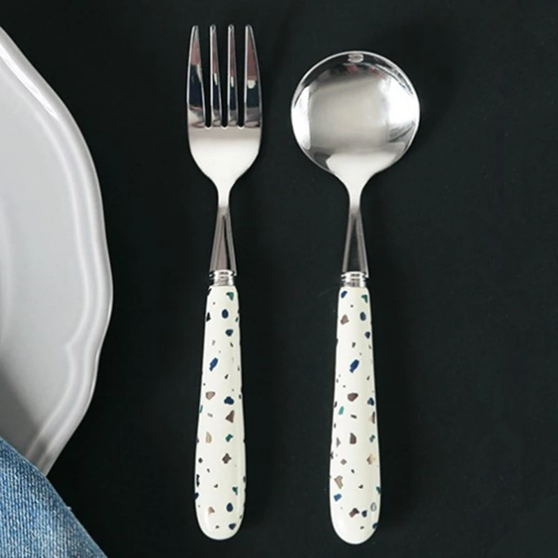 Stainless Steel Dinnerware Set with Ceramic Handle Nordic Style Dining Tableware Fruit Fork Coffee Spoon Kitchen Utensils