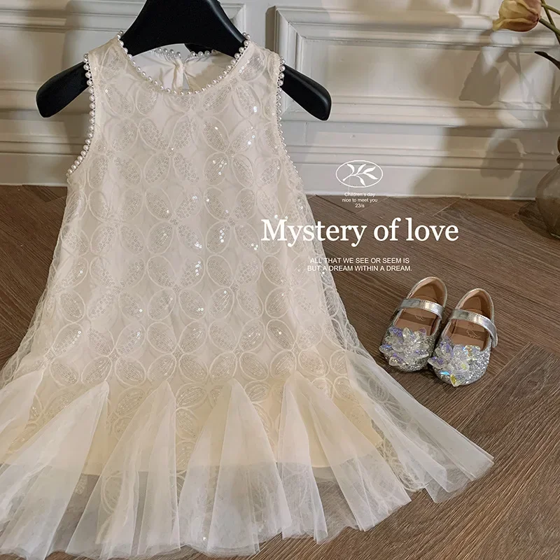 Kids Girlnew Summer Princess Dress Korean Style Round Neck Sleeveless Solid Color Sequined Vest Dresses Children Clothing H23229