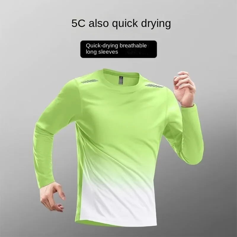 Trendy, simple, sunscreen, breathable, quick drying clothes, long sleeved men's tight fitting clothes, running training, sports,