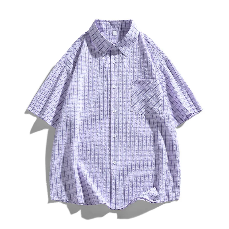 

Japanese Style Checked Short Sleeve Shirts for man: comfortable & skin-friendly fabrics, Jacquard lapel Summer Top Clothing