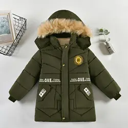 Winter Boy's New Letter Pocket with Thick Velvet Windproof and Warm Hooded Fur Collar Fashionable and Handsome Cotton Jacket
