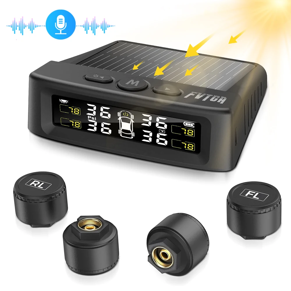 Tire Pressure Monitoring System TPMS with Solar & USB with 4 Sensors 6 Alarm Modes Auto on/off Voice Prompt for RV/SUV/MPV