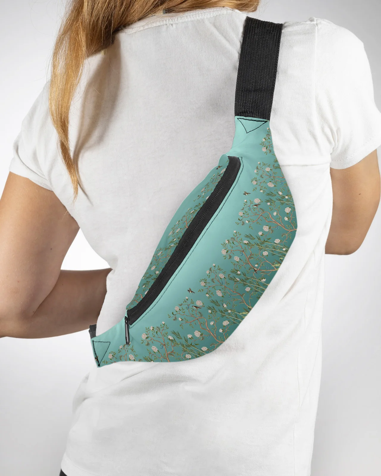 Saco de cintura impermeável para homens e mulheres, Fanny Pack, Phone Belt Bag, Carteira, Banana Hip Bags, Teal Gradient Flower, Planta, Pássaro de bambu