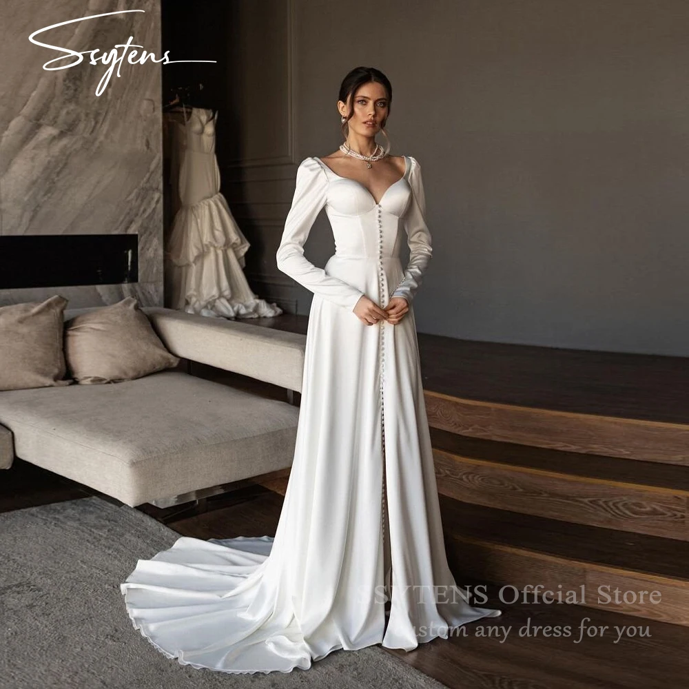 SSYTENS Elegant A-Line Buttons Wedding Dresses V-Neck Long Sleeves Slit Floor Length Sweep Train Customized Civil Bride Gowns