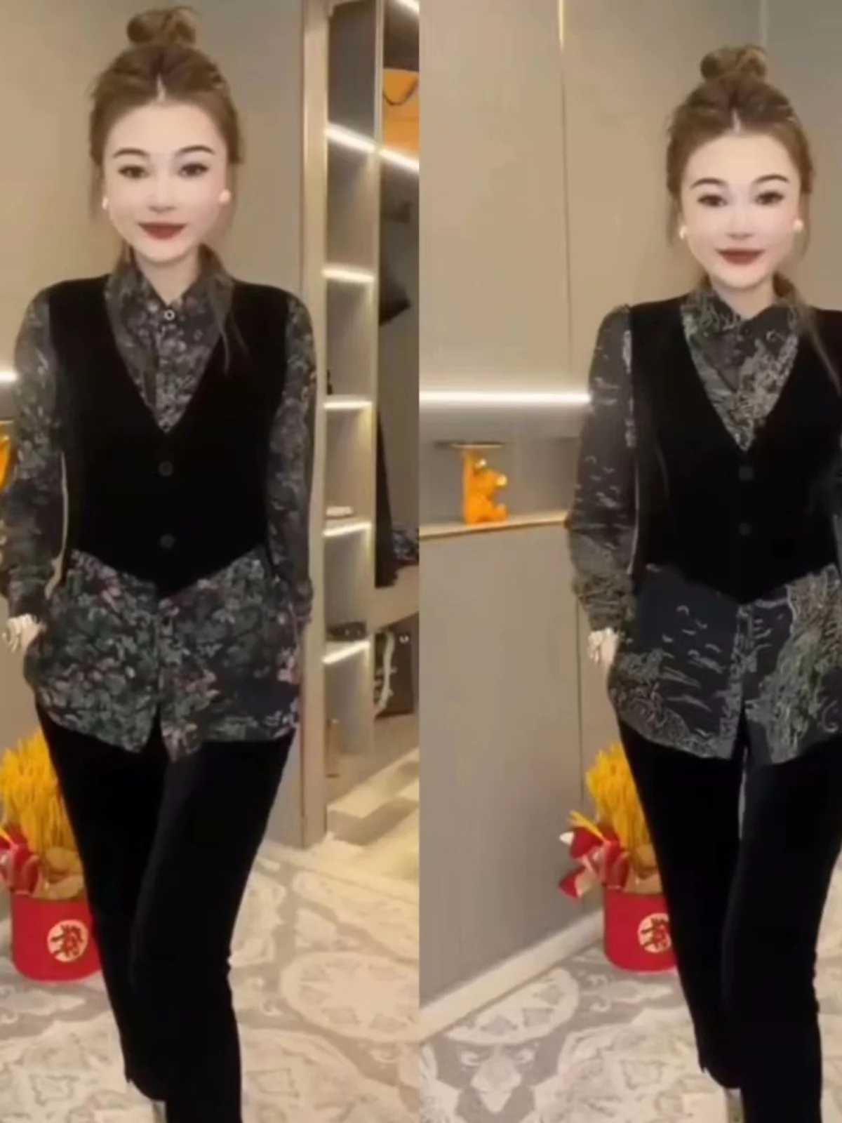 

Autumn Winter Floral Patchwork Velvet Jaet Women's Slimming Top Fake Two-Piece irt Sle Waist-Cinching Faionable