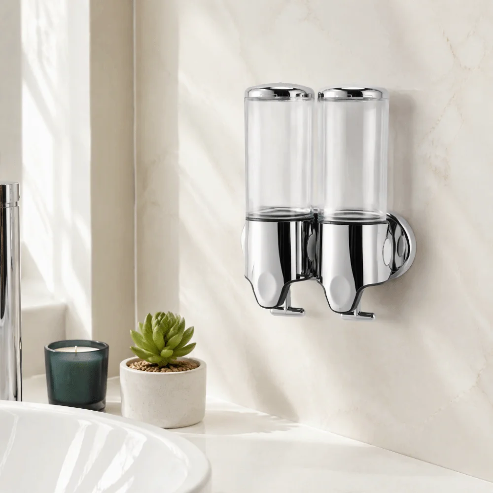 ABS Wall Mount Soap Dispenser 1000ml Capacity 2 in 1 Chamber Shampoo Conditioner Dispenser Manual Pressing Head
