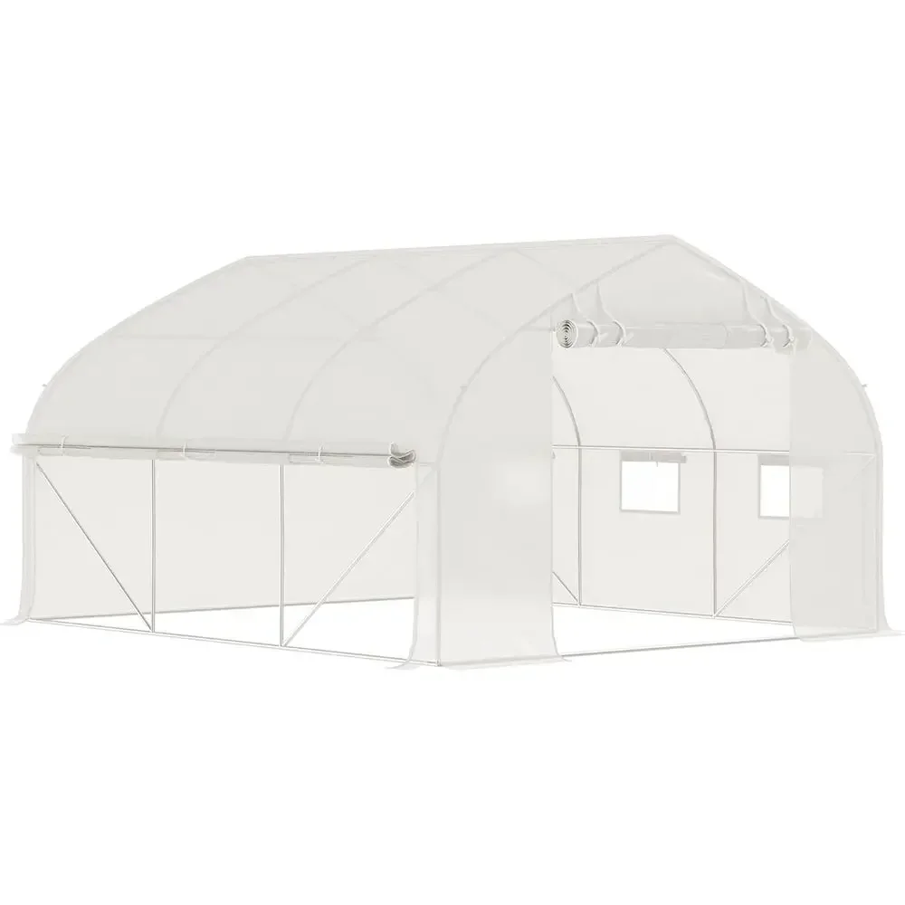 11.5x10x6.5ft Walk-in Mesh Tunnel Greenhouse with Zippered Door, 7 Windows, Roll-up Sides, Galvanized Steel Hoops, White