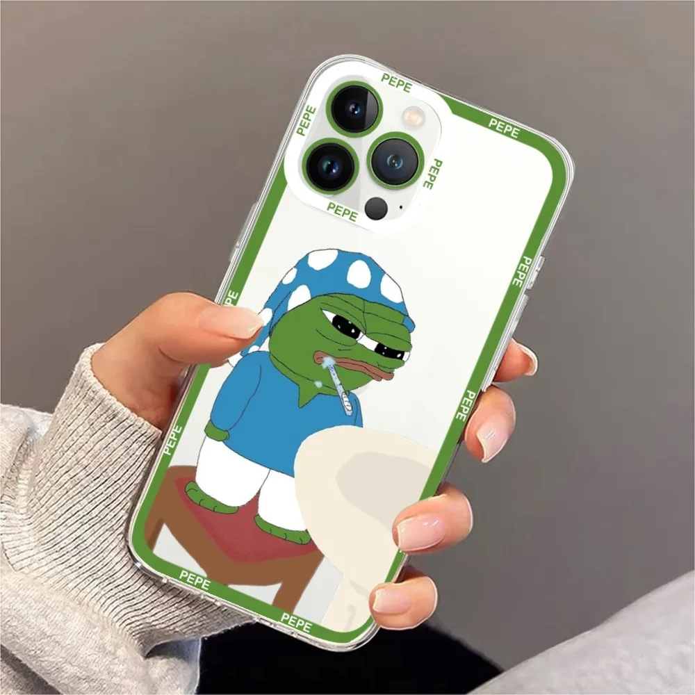 Cartoon P-Pepe the Frog Phone Case For iPhone 11 12 Mini 13 14 15 Pro Max Transparent Shell