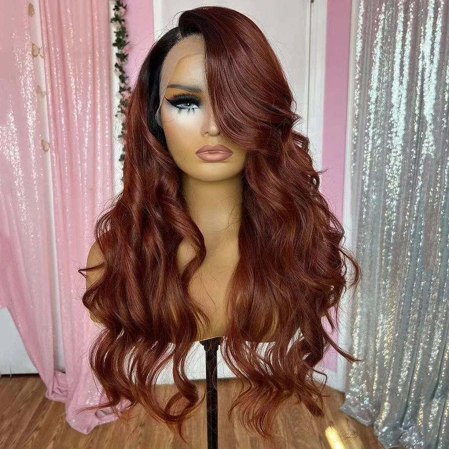 AIMEYA Copper Red Body Wave Wig Black Roots Synthetic Lace Front Wig Side Part Natural Hairline Hair Wig Daily Use Cosplay Wig