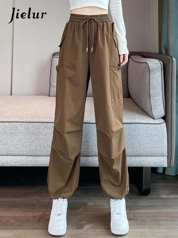 Jielur Simple Basic Drawstring Women Wide Leg Pants American Autumn Chic Pockets Loose Casual Trousers Pure Color Female Pants