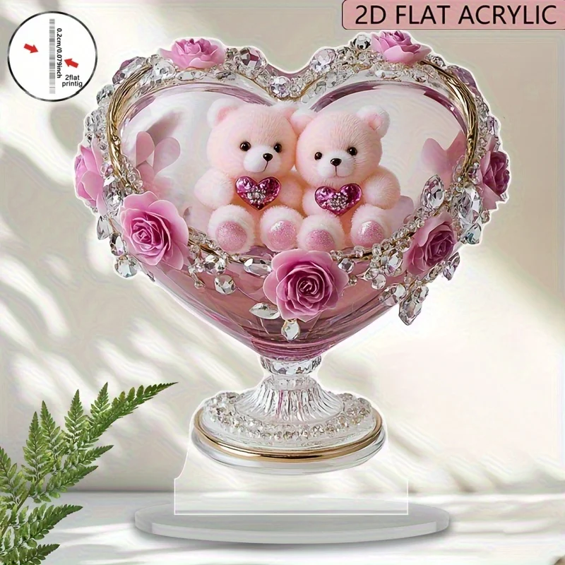 2D Flat Heart-Shaped Acrylic Decoration, Adorned with Romantic Teddy Bears, Pink Roses, And Crystals - Acrylic, Suitable for Use