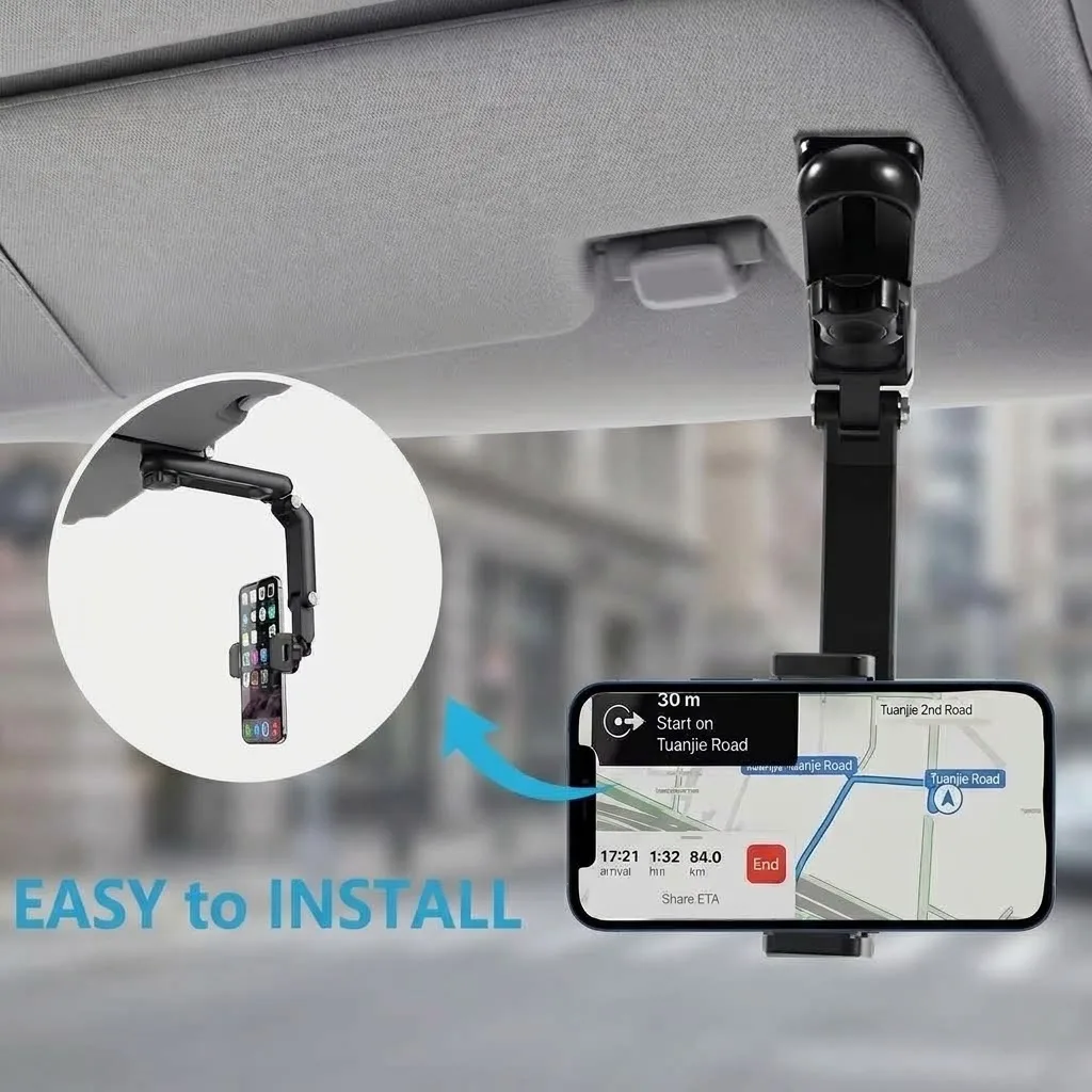 Suporte para telemóvel para para-sol de carro, com rotação de 360 graus, multifuncional, com clipe para fixar no espelho retrovisor e suporte para GPS.
