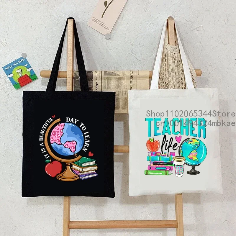 Sacola de lona para mulheres, Teacher Life, Cartoon Globe, Bolsas de ombro, é um lindo dia para aprender impressão, bolsa de compras, bolsas adolescentes