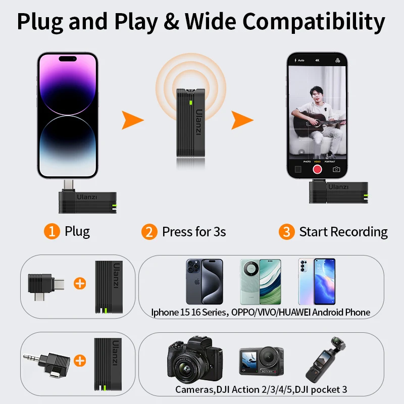 Ulanzi A100 Microphone Smartphone Wireless Lavalier Mic for iPhone 16 15 12 Xiaomi Samsung Dji Action 5 4 3 2 OSMO Pocket 3 SONY