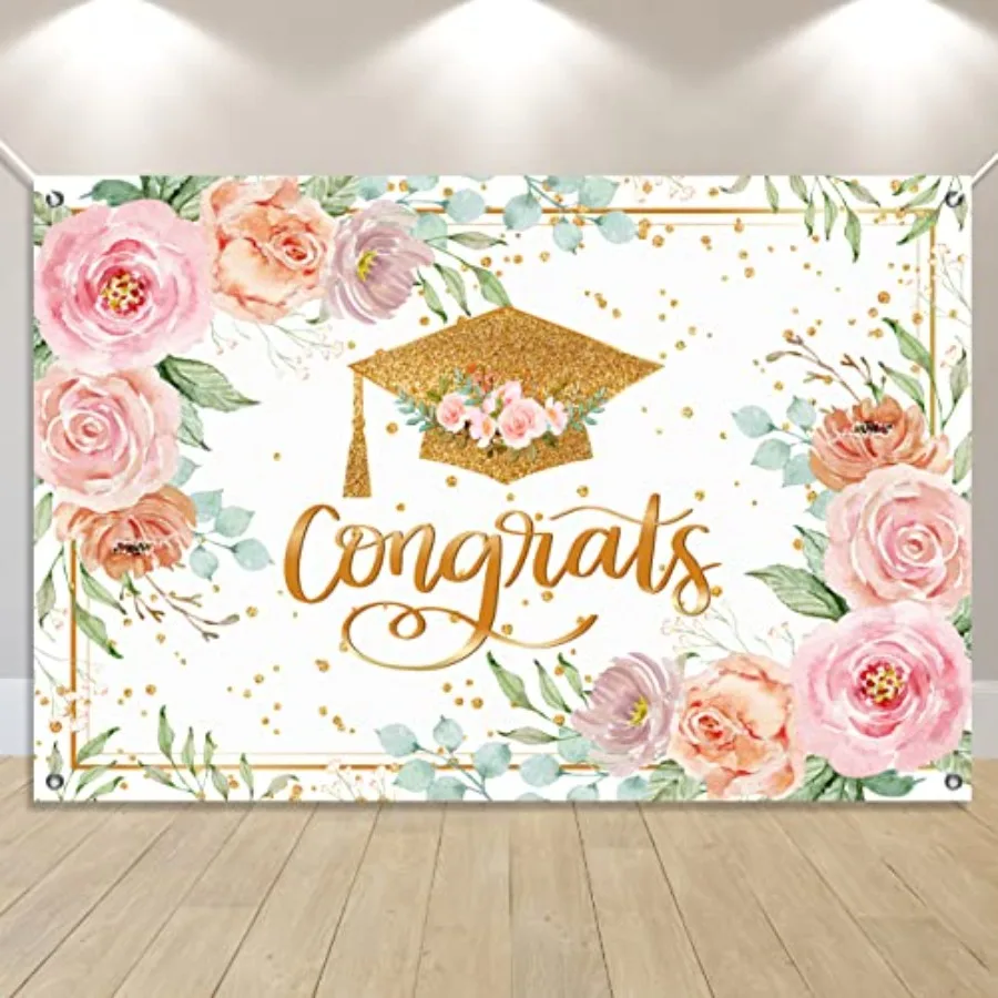

Pink Graduation Backdrop Class of 2026 Rose Gold Banner Floral Congrats Grad Decorations Large 59 * 39" Pink Gold Dots Backgrou