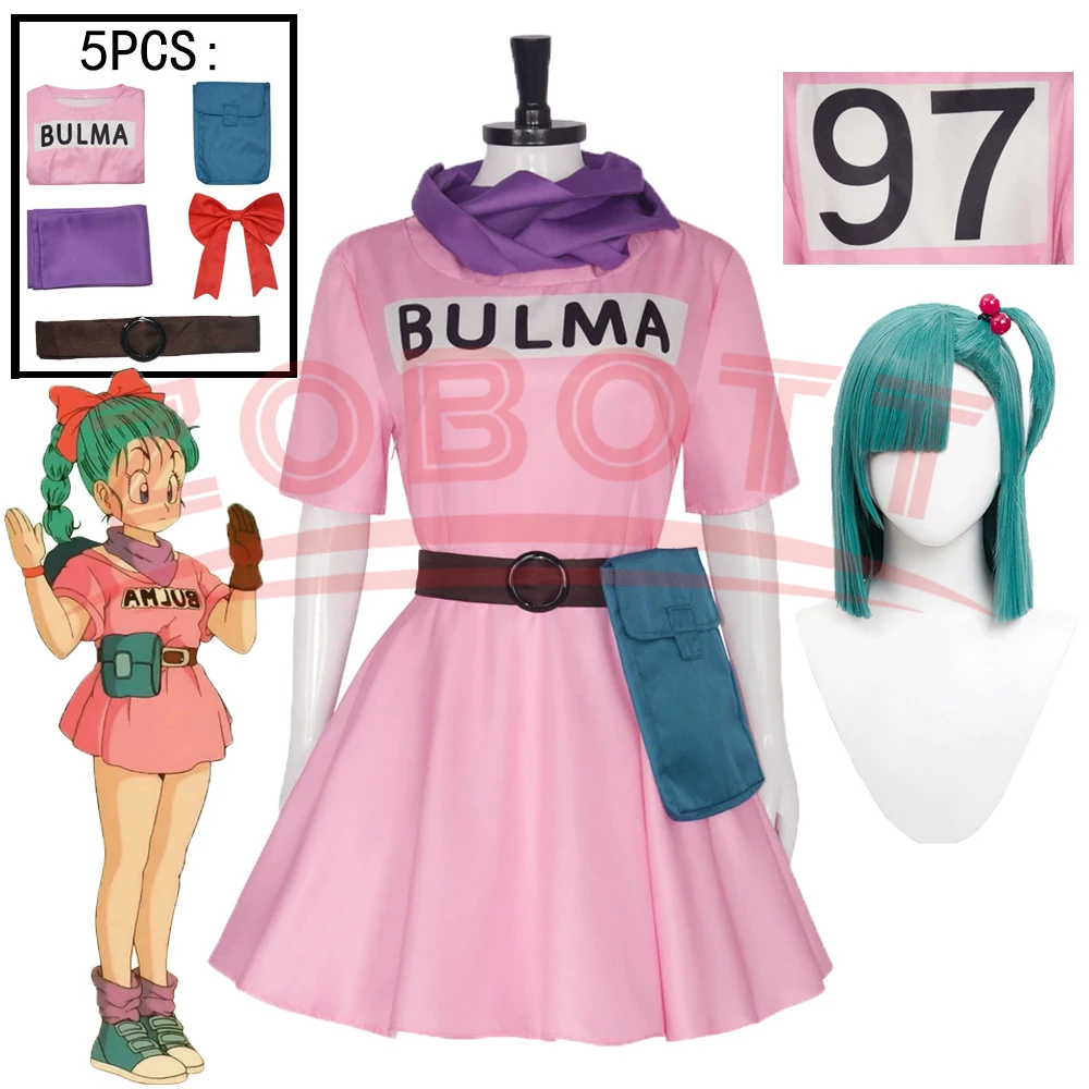 

6 шт. Bulma Косплей Костюм Розовое Платье Парик Униформа Kawaii Девушки Полный Комплект Наряды Хэллоуин Карнавал Маскарад Вечеринка Взрослые Женщины