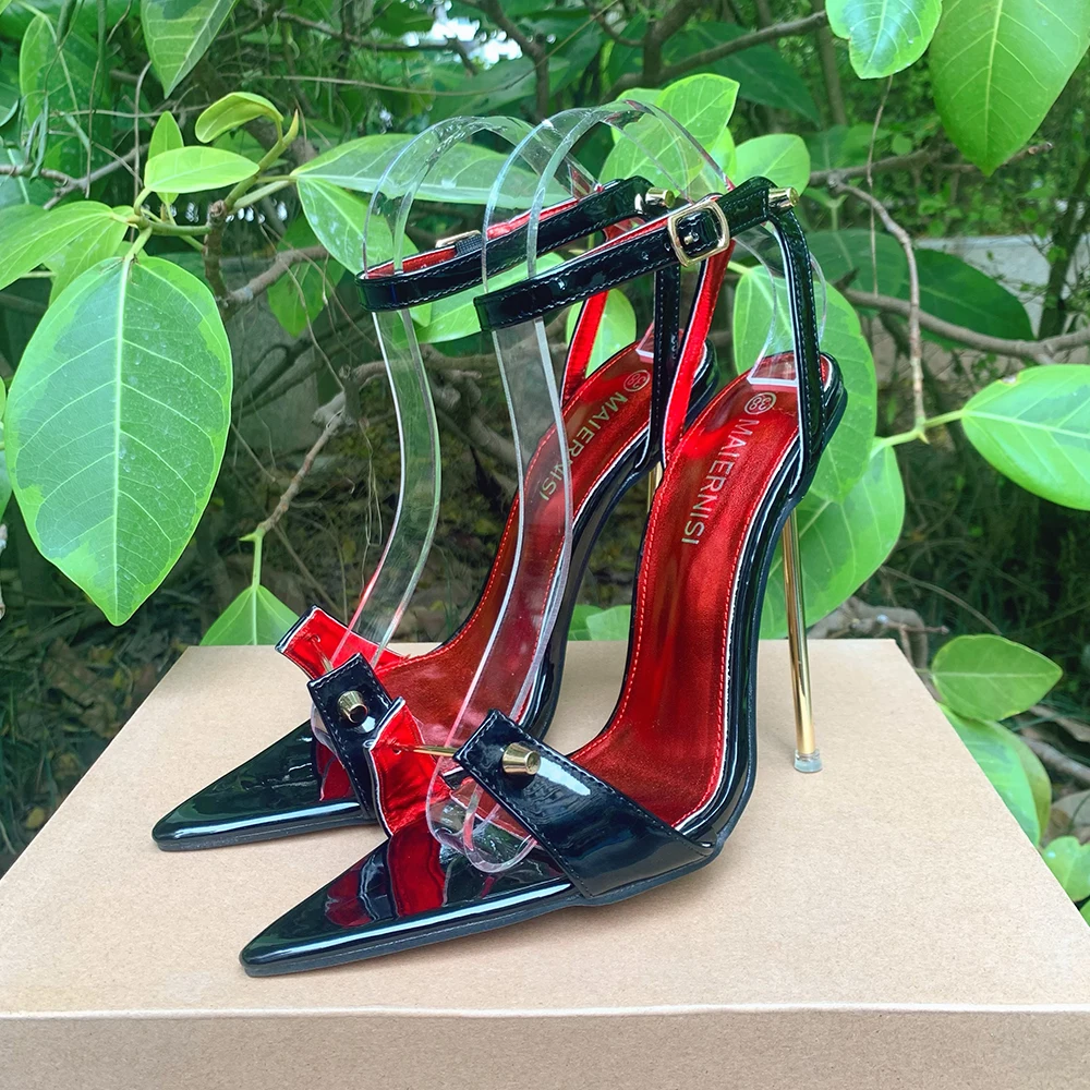 12cm Metal High Heels Stilettos Sexy Summer Sandal Women Pumps Ankle Strap Fetish Pointed Toe Black Slingback Unisex Shoes