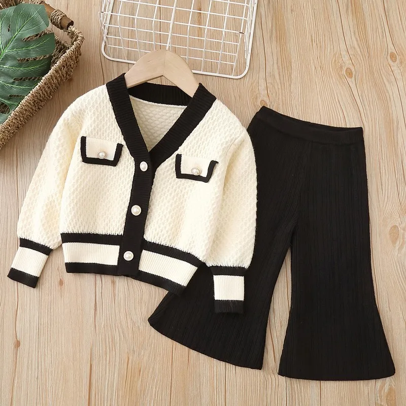 Girls Clothes for Kids 2 Pieces Sets Korean Knitted Sweater Bell-bottoms Cardigan V-neck Single Breasted Pockets Solid Color