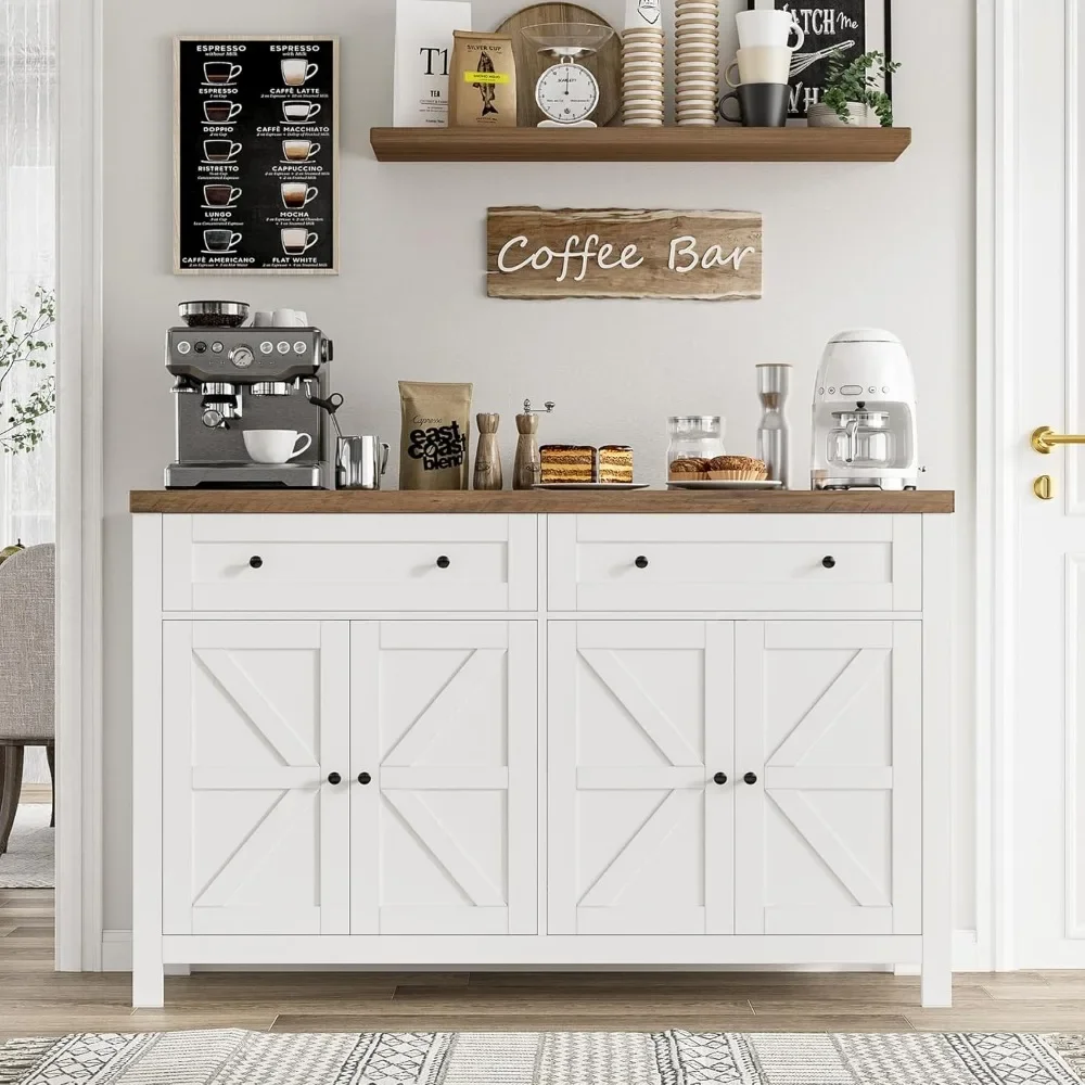 Modern Farmhouse Coffee Bar Cabinet with Drawers and Shelves, Barn Doors Storage Cabinet for Kitchen