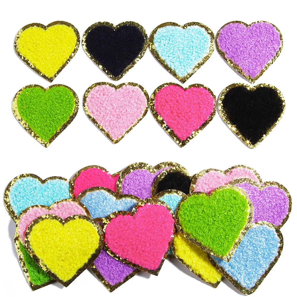 5Pcs/Lot Love Heart Wool Embroidery Patches Gold Glitter Edged Patches Iron On For DIY Crafts Sticker Bags Clothing Decoration